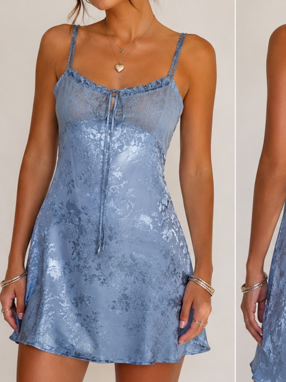 Cider Dusty Blue Satin Lace-Trim Slip Dress